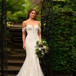 Vestido de Novia Estilo Sirena Escote Corazón y Mangas Caídas Hermoso Encaje Floral  Ref: QBYE5554