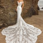 Vestido de Novia Estilo Sirena Manga Caída con Espectaculares Apliques de Encaje en Espalda y Cola Ref: QBYE0623