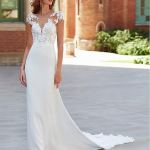 Vestido de Novia Falda Recta en Sat?n Italiano Hermosos Apliques Florales Espalda Abierta Ref QBYE5501